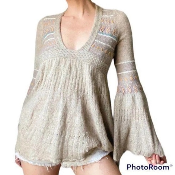 Free People Oversized Boho Knit Tunic Sweater Gray Size Small - Picture 2 of 13